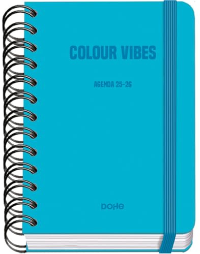 Dohe - Agenda Scolaire 2025 2026 - Page Par Jour, Taille A6 (12x17 cm), Espagnol et Anglais, Fermeture à Spirale Double et Élastique, Couverture Rigide, 4 Pages d'Autocollants - COLOUR VIBES Cyan
