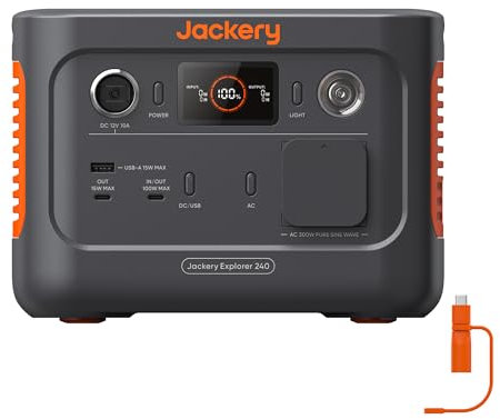 Station Électrique Portable Jackery Explorer 240 V2 avec Câble de DC8020 vers USB-C, 256Wh Batterie LiFeP04, 300W CA/100W USB-C Sortie, Générateur Solaire pour Plein Air,Camping,Urgence