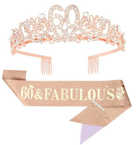 CIEHER 60th Birthday Decorations Set - 60th Birtday Crown and Sash Rose Gold