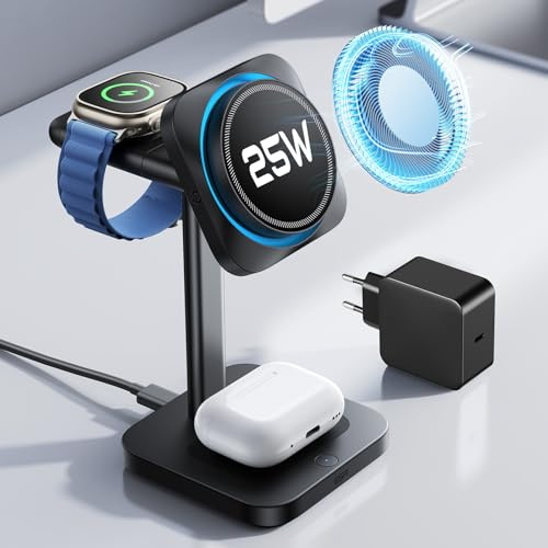 ESR 3-i-1 laddningsstation, Qi 2.2-certifiering, MagSafe 25 W och CryoBoost, snabbladdning med kylning för iPhone 16/15/14/13/12, AirPods och Apple Watch, svart