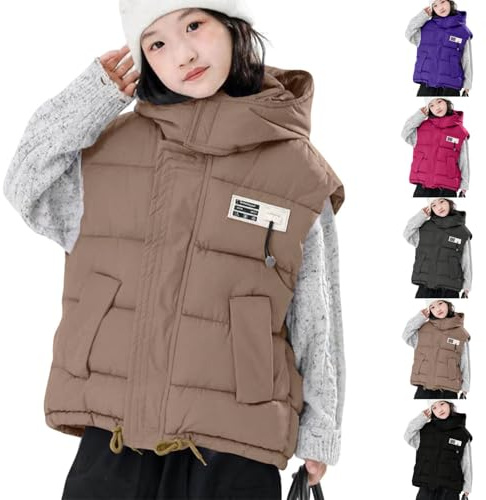 Boys and Girls Zip Up Puffer Vest Sleeveless Thicken Padded Jacket with Hood Insulated Fashion Baggy Gilet Outerwear