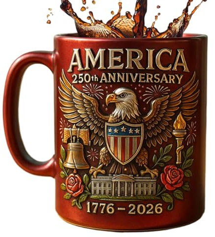 för Amerikas 250-årsjubileum – 325 ml keramikkopp, levande flaggörn, minnessaker från USA, patriotisk kultursymbol, diskmaskins- och mikrovågsugnssäker, resekaffekopp