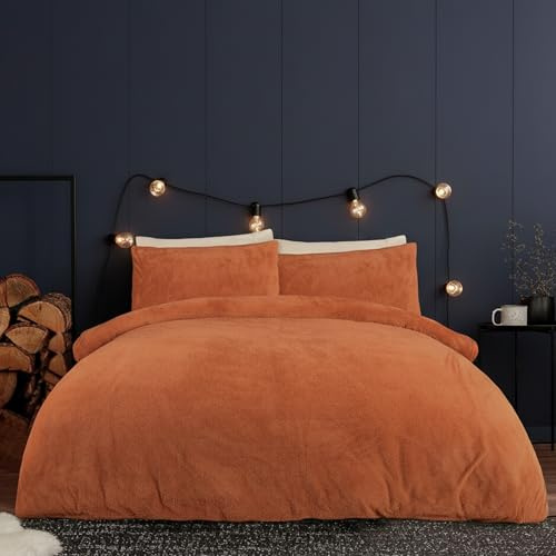 BURAKH King Teddy Fleece Duvet Cover Set Rust Orange, Super Soft Thermal Bedding with Pillowcases, Warm Cozy Winter Bed Linen 220 x 230 cm (230cm x 220cm)