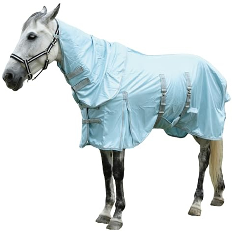 Gallopoff Manta antimoscas para caballos con parte del cuello, transpirable, ligera y resistente al desgarro, color azul, 150 cm