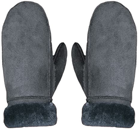 MEGAUK Herren/Jungen Fäustlinge mit Warme Gefüttert - Lammfell Design Handschuhe - Kunstfell Winterhandschuhe - Winter Fausthandschuhe (Grau)
