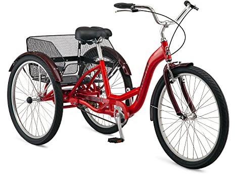 Schwinn Meridian Adult Tricycle, 26 Inch Bike for Women and Men, Single-Speed Adult Trike, Low Step-Through Frame, Springer Cruiser Seat, Upright Riding Position, Bike with Basket, Tricycle for Adults