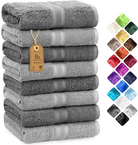NatureMark 8 Handtücher Set - 100% Baumwolle - Saugfähige und langlebige Handtücher, Größe 50×100 cm, Anthrazit/Silber