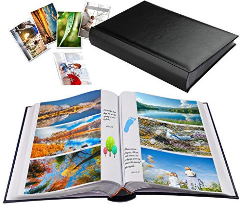 Leather Cover Photo Album With Memo Writing Area Slip in 402 Pockets hold 6x4 Photos for Wedding Anniversary Family Baby Vacation Dad’s Birthday Black