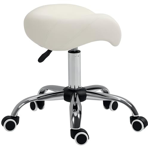 HOMCOM Tabouret à roulettes, Tabouret de Massage avec Hauteur réglable 49-61 cm et Selle Ergonomique, Chaise de Travail à roulettes pivotant 360°, pour Salon de Massage Tatouage Clinique Spa, Blanc