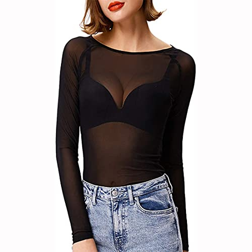VisSec Maglietta Donna Trasparente Camicia Mesh Tops Camicette Manica Lunga Maglie in Rete Tunica Bluse Elegante Casual Shirts Sexy Clubwear Casual, S-3XL