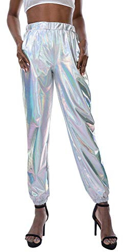 Pantaloni da donna metallizzati lucidi effetto bagnato, pantaloni cargo sportivi, ologramma, hip hop, leggings da jogging, pantaloni da danza, feste, discoteca, discoteca, clubwear, argento, M
