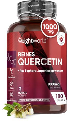 Reines Quercetin 1000mg pro Portion - 180 vegane Kapseln - 3 Monate Vorrat - Aus der Saphora Japonica - 2 Kapseln Täglich - Frei von Magnesiumstearat, Ohne Gentechnik & Gemäß GMP - WeightWorld
