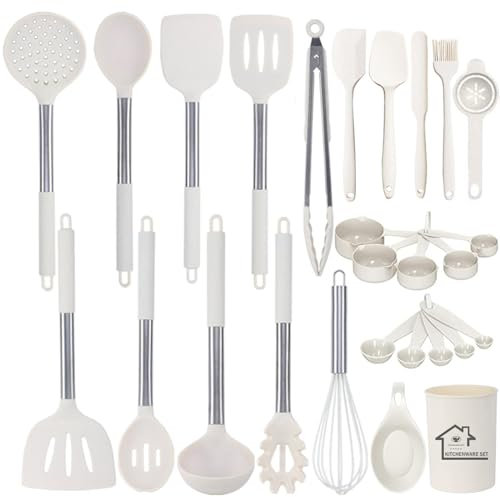 UXIYI Kitchen Utensils Set, Silicone Cooking Utensils, 27PCS Silicone Spatula Set with Stainless Steel Handle, Kitchen Tools for Nonstick Non Scratch Cookware,Cream