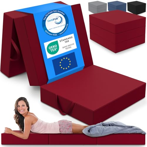 ELONEO materassino pieghevole per ospiti, materasso pieghevole a 3 parti, spugna extra spessa (15cm), lavabile, cubo a disco intervertebrale, adulti (rosso, 75 x 195 x 15 cm)