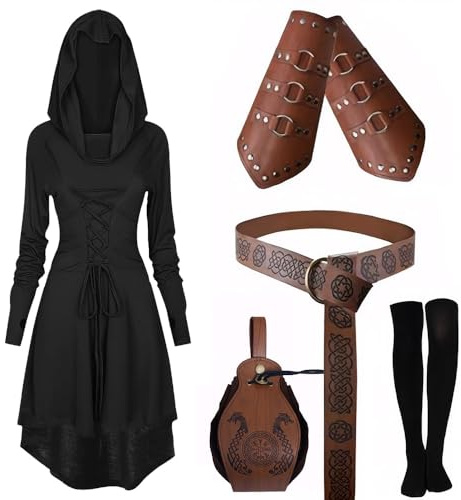 CNVAUIE Conjunto de vestido medieval con capucha para mujer, conjunto de disfraz renacentista con protectores de brazos, cinturón, cinturón, medias y accesorios (Negro, S)