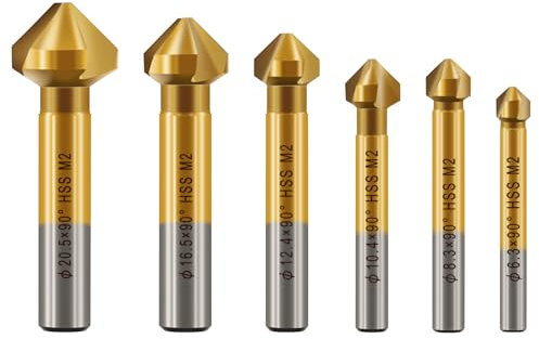 KURSTOL Fraise à Chanfreiner - M2 HSS Fraise à Noyer avec Revêtement en Titane pour Acier inoxydable Fer Aluminium Cuivre, 6 pièces 6,3 mm-20,5 mm Foret à Fraiser à tige Ronde