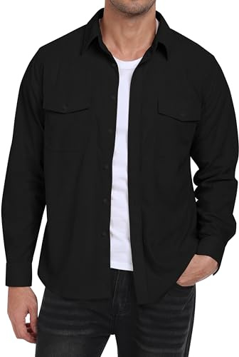 MoFiz Cordhemd Herren Langarm Freizeithemd Knop Hemdjacke Casual Arbeitshemd Button Up Winterhemd mit Klappentaschen Schwarz EU XXL