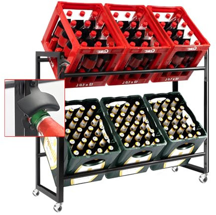 houcheyai GeträNkekistenregal 6 Kisten, Regal für GeträNkekisten, Chwarz Metall Mit FlaschenöFfner & Rollen, GeträNkeregal mit Ablage, Bierkisten Regal Platzsparend für Bier, Wasser, Obst, GemüSe