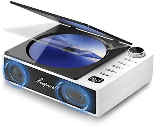 Reproductor de CD Portátil, Leapwell Reproductor CD Bluetooth Altavoces HiFi en el Interior, Retro CD Player con Tapa Antipolvo Soporta AUX USB Óptico Blanco