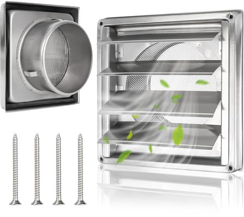 XTDMJ Rejilla de ventilación de acero inoxidable de 125 mm con válvula antirretorno, láminas móviles, rejilla de protección contra insectos, tubo VMC y cubierta extractora exterior con junta de goma y