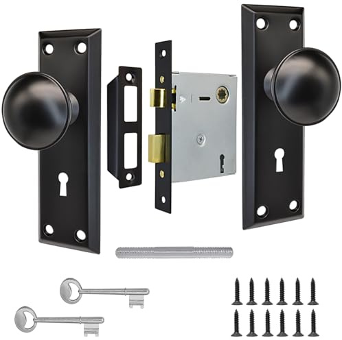 Eockatoo Mortise Lock Set Interior Door with Skeleton Key, Antique Vintage Door Knobs Replacement Hardware Fits 1-3/8 - 1-3/4 Thick Doors, Black, 1 Pack
