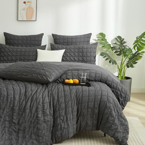 YASMENG Seersucker sängkläder 135 x 200 grå randiga sängkläder sjösucker rutnät moderna sängkläder mikrofiber mjukt ventilerande påslakan set 2 delar med dragkedja och 80 x 80 cm örngott