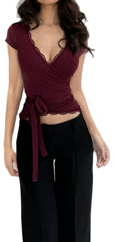 Women's Lace Trim Wrap Top T-Shirt Y2K Short Sleeve Deep V Neck Going Out Tee Tops Slim Fit Fairy Workout Blouse (Burgundy, M)