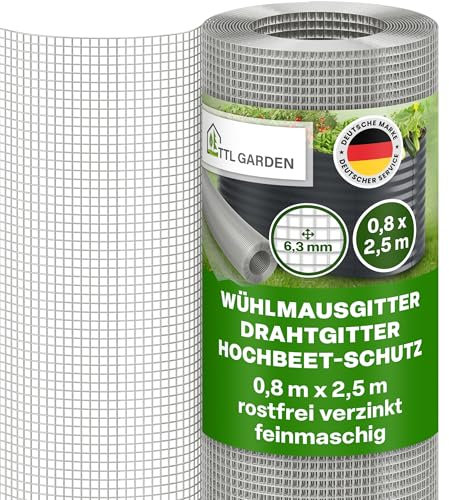 TTL GARDEN Griglia per roditori 2,5 m x 0,8 m, maglia fine zincata e inossidabile da 6,3 mm, spessore filo 0,55 mm in rotolo, 80 cm x 250 cm
