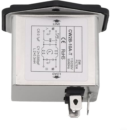 Zilimontt Filtro de línea eléctrica tipo zócalo IEC con interruptor de seguridad de luz, filtro de supresión para reducir interferencias en comunicación, mecánica y alimentación (CW2B-10A-T)