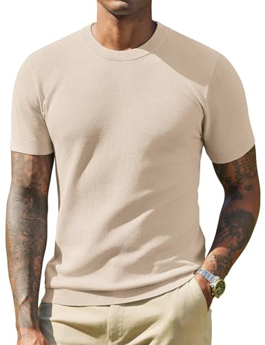 COOFANDY T-Shirt Uomo in Maglia a Maniche Corte Pullover Estivo Basic Girocollo Kaki Chiaro L