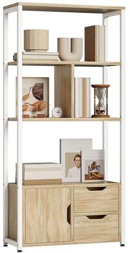 HOMCOM Librería, Estantería para Libros con 4 Estantes, 2 Cajones y Puerta, 58x24x122 cm, Estantería Industrial para Salón, Dormitorio, Estudio, Oficina, Madera Natural