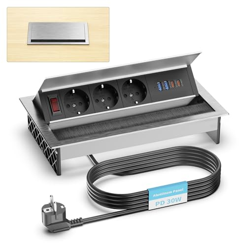 Arbetsplan med 3 uttag, 2 USB-C PD 30W, aluminium | Inbyggt grenuttag med 4 USB-portar, 2 USB-A QC 18 W, justerbar vinkel, kabelgenomföring, kabel 1,8 m, skrivbord och kök