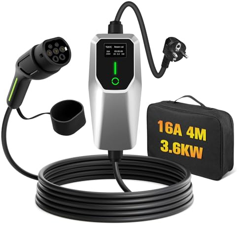 Junsun Cargador EV Portátil Tipo 2 3,6KW, Corriente Ajustable 8A-16A, Cargador para Coche Eléctrico con Pantalla LED, Compatible con 220V-240V, Cable de Carga EV con Bolsa