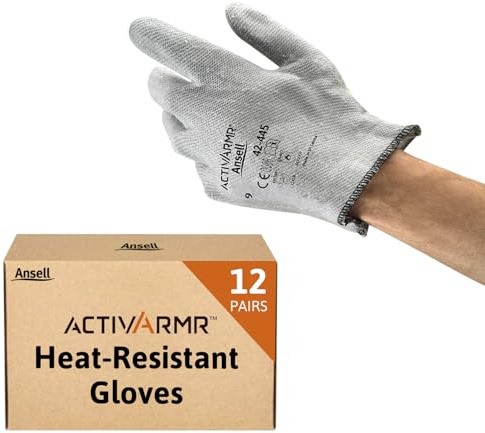 Ansell ActivArmr 42-445 Guantes Resistentes al Calor, Protección Alta Temperatura, Guante Seguridad Usos Industriales, Mecánicos y Químicos, Diseño Robusto, Guantes Nitrilo, Gris, Talla L (12 Pares)