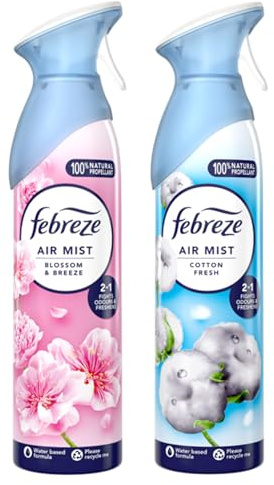 Febreze Air Mist Air Freshener Spray (2 Pack) – Cotton Fresh & Blossom Breeze Variety Bundle – 2-in-1 Odour Eliminator & Room Spray – Water-Based Formula with 100% Natural Propellant – 2 x 185ml