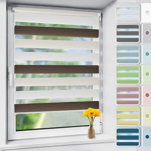 OUBO Doppelrollo Klemmfix ohne Bohren Weiß-beige-braun B65 x H140cm (Stoffbreite: 61cm), Duo Rollo für Fenster und Tür, Fensterrollo Sonnenschutz & Sichtschutz