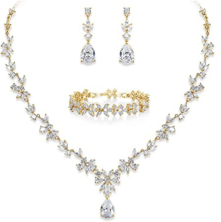 EVER FAITH Juegos de Joyas Mujer Circonia Cúbica Azul Marquesa Flores Conjunto de Collar Pendientes Pulsera para Boda Novia Dama de Honor Claro Tono Dorado