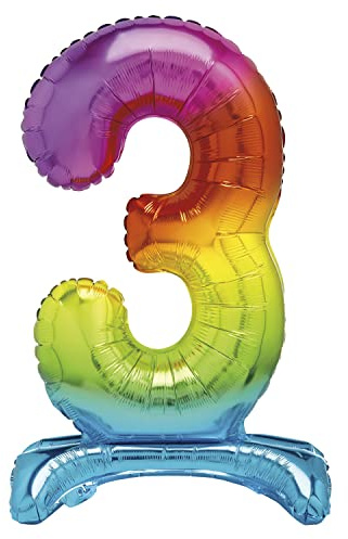 Unique Rainbow Standing Number 3 Foil Balloon 30, Packaged