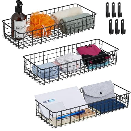 Relaxdays 3 Cestas Metálicas Rejilla Alambre con Asas, Canastillas Almacenaje Rectangulares, 7,5 x 41 x 16cm, Negro