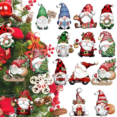 24Pcs Christmas Gnome Wooden Hanging Ornaments, Wooden Hanging Decor for Christmas Tree Decorations with Twine, Santa Doll Elf Wood Hanging Craft for Xmas Decor Home Party Supplies (Xmas-Gnomes-A)