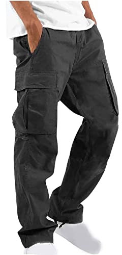 UHouse Cargohose Herren Hose Sommer Baumwolle Cargo Hosen Baggy Arbeitshosen Männer Leichte Sommerhose Bequeme Freizeithose mit Gummizug Freizeit Einfarbig Pants Schwarz M