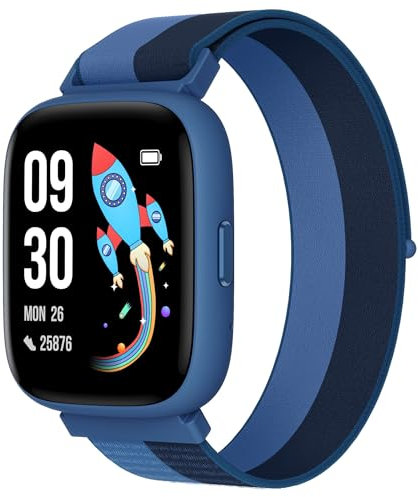 BIGGERFIVE Smartwatch Kinder, 1,8 Fitness Uhr Schrittzähler, 24/7 Puls, IP68 Wasserdicht, Schlafmonitor, Wecker, 5 Puzzlespiele mit/ohne App, Fitness Tracker für Mädchen Jungen Teens 5–16, Nylon