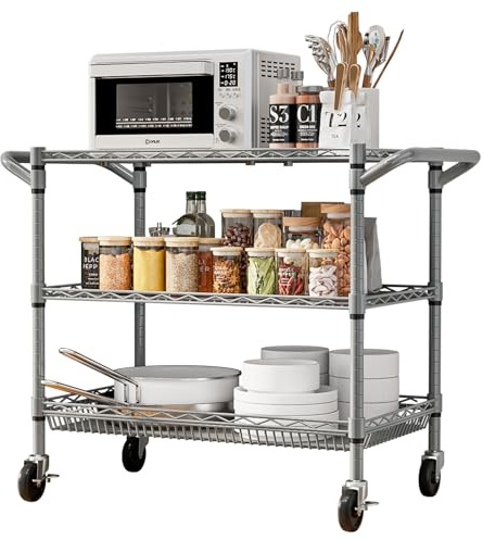 Forthcan 3-Shelf Heavy Duty Utility Cart, 76.5 x 45.5 x 83cm, Wire Rolling Cart with Handle Bar, Wire Shelving Unit on Wheels, Steel Service Cart Utility Shelf Metal Storage Trolley with Basket