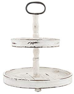 Creative Co-Op Distressed Cream Wood 2-Tier Tray with Metal Handle