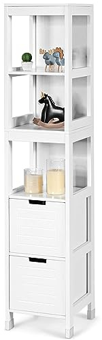 COSTWAY Mobiletto Alto e Stretto Salvaspazio, Mobile da Bagno con 2 Cassetti e 3 Ripiani, Mobiletto in Legno per Camera da Letto, Soggiorno e Ingresso, 30,5 x 30,5 x 145 cm (Bianco)