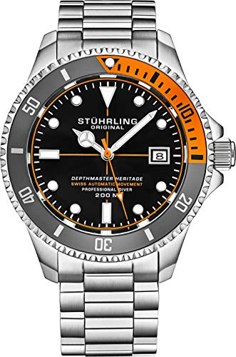 Stuhrling Montre de plongée DEPTHMASTER en Acier Inoxydable Automatique 200 mètres résistant à l'eau, Bracelet brossé et biseauté avec Fermoir de sécurité pour plongeurs et Couronne vissée