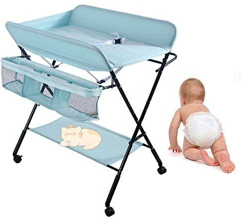 Fasciatoio Pieghevole per Bagnetto Neonati, Tavolo Cambio Pannolini Multifunzionale Portatile, Altezza Regolabile,Fasciatoio con Vaschetta per Bagnetto Neonato 2in1,Fasciatoio Portatile