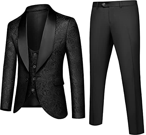 UNINUKOO Mens Floral Suits 3 Piece Tuxedo Suit Slim Fit Jacquard Tux Suit Set Shawl Lapel for Wedding Prom Suit US Size M Black