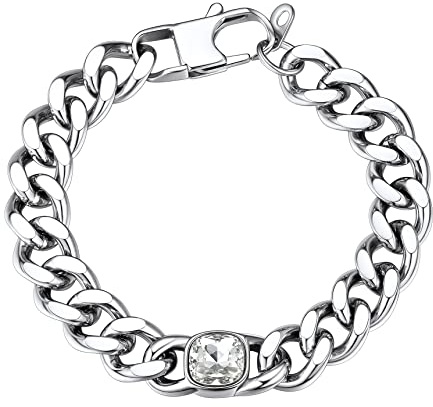 Bestyle Armband Herren Damen 11mm breits Edelstahl Panzerarmband mit Weißer Cubic Zirkonia Massives Kubanisches Armkette Hip Hop Armschmuck 21cm lang Silberfarben