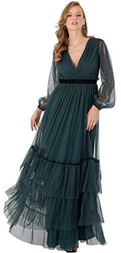 Anaya with Love Abito Lungo da Donna per Capodanno con Scollo A V Finto Avvolgente A Maniche Lunghe, A Vita Alta, Colore Verde Smeraldo Vestito, 42